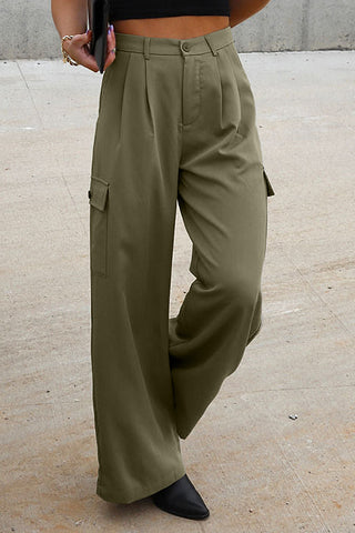 Ruched Wide Leg Pants with Pockets Divacious