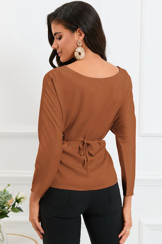 Boat Neck Back Tie Long Sleeve Satin Blouse Divacious