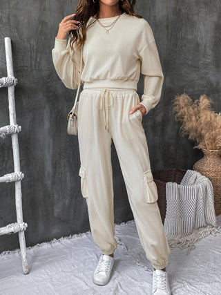 Perfee Round Neck Long Sleeve Top and Pants Set Trendsi