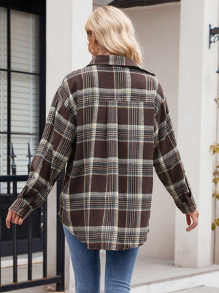 Pocketed Plaid Collared Neck Long Sleeve Shirt Divacious