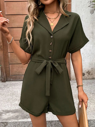 Half Button Tie Waist Short Sleeve Romper Divacious