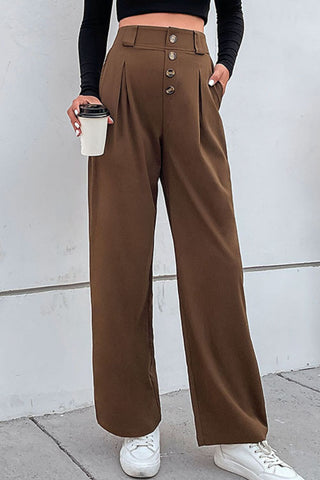 Button-Fly Pleated Waist Wide Leg Pants with Pockets Divacious