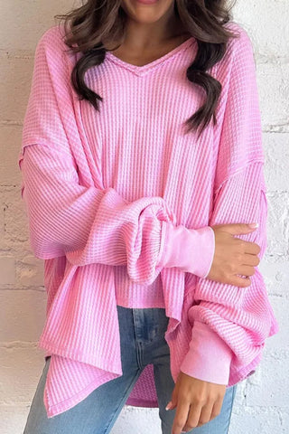 Waffle-Knit V-Neck Long Sleeve Blouse Divacious