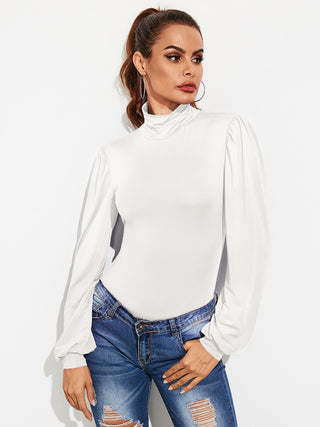 Backless Tie-Waist Turtleneck Lantern Sleeve Bodysuit Divacious