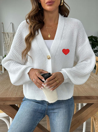 Heart Button Down V-Neck Long Sleeve Cardigan - Divacious