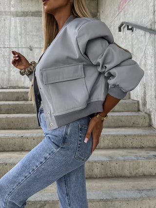 Baseball Collar Dropped Shoulder Jacket Trendsi