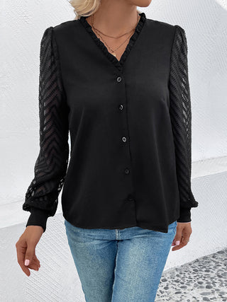 Mesh V-Neck Button Front Blouse Divacious