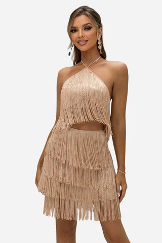 Halter Neck Fringe Top and Skirt Set Trendsi