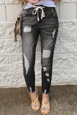 Drawstring Distressed Raw Hem Jeans with Pockets Divacious