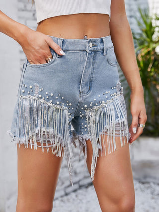 Distressed Pearl Trim Denim Shorts with Pockets Divacious