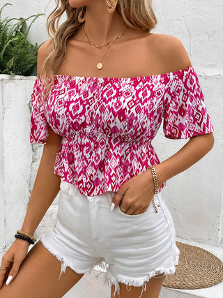 Peplum Printed Off-Shoulder Short Sleeve Blouse Divacious