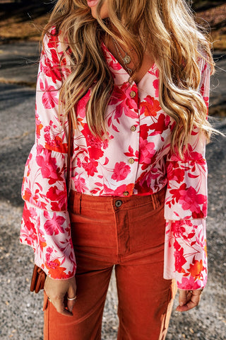 Floral Flare Sleeve Button Up V-Neck Bodysuit Divacious