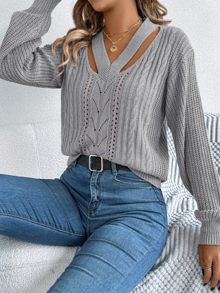 Cutout V-Neck Long Sleeve Sweater - Divacious