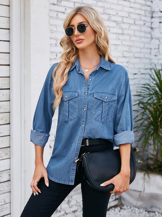 Button Up Collared Neck Denim Jacket Divacious