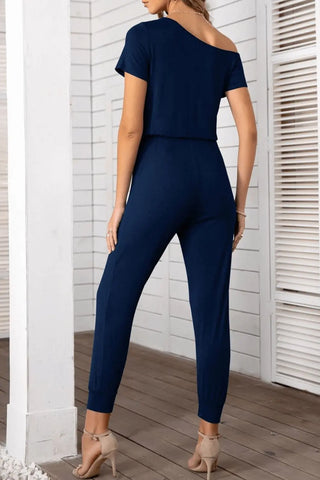 Asymmetrical Neck Short Sleeve Jumpsuit Divacious