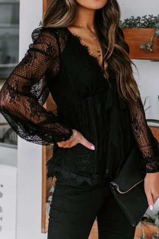 Lace Detail Plunge Long Sleeve Blouse Divacious