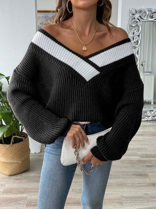 Contrast Dropped Shoulder Long Sleeve Sweater Divacious