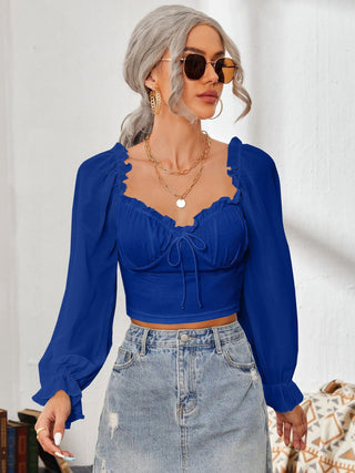 Mesh Sweetheart Neck Flounce Sleeve Top Divacious