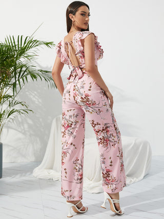 Honey Printed Surplice Cap Sleeve Top and Pants Set Trendsi