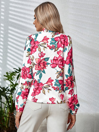 Printed Tie Neck Long Sleeve Blouse Divacious