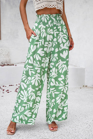 Smocked Printed Wide Leg Pants with Pockets Divacious