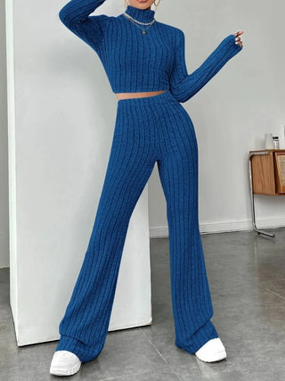 Ribbed Mock Neck Long Sleeve Top and Pants Set Divacious