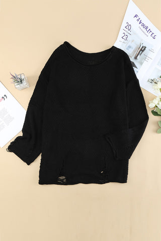 Round Neck Distressed Drop Shoulder Sweater Divacious