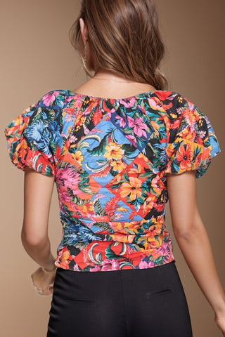 Ruched Printed V-Neck Short Sleeve Blouse Divacious