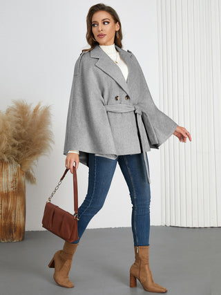 Double-Breasted Tie Waist Poncho - Divacious