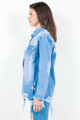 Frayed Hem Distressed Denim Shirt Jacket Divacious