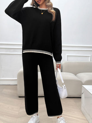 Devine Round Neck Dropped Shoulder Top and Pants Sweater Set Trendsi