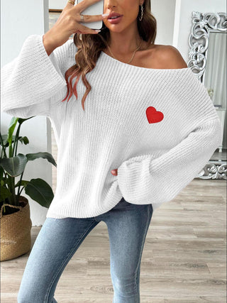 Heart Boat Neck Dropped Shoulder Sweater - Divacious