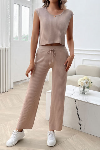 Ribbed Round Neck Top and Pants Set - Divacious