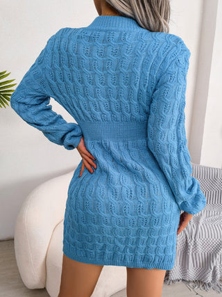 Cable-Knit Round Neck Mini Wrap Sweater Dress Divacious