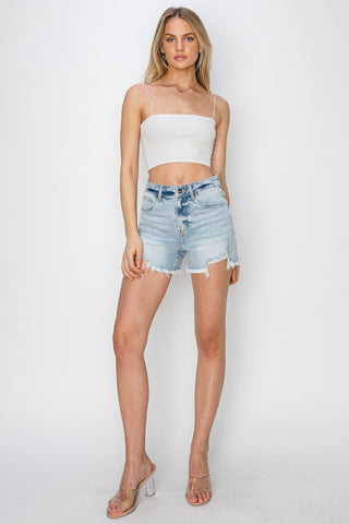 High Waist Frayed Detail Denim Shorts Divacious