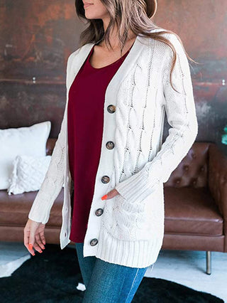 Cable-Knit Buttoned Cardigan with Pockets Divacious