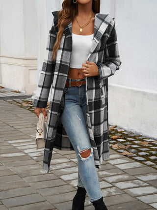 Plaid Long Sleeve Hooded Coat Divacious