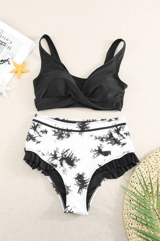 Two-Tone Crisscross Frill Trim Two-Piece Swimsuit Divacious