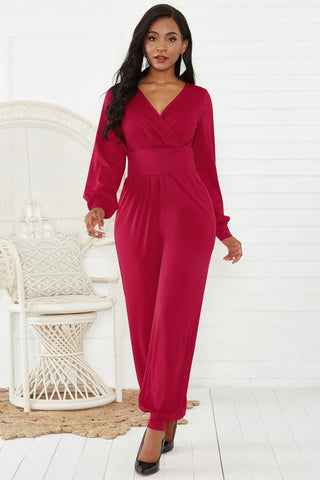 Gathered Detail Surplice Lantern Sleeve Jumpsuit Divacious