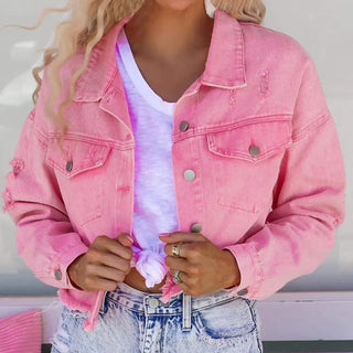 Distressed Raw Hem Dropped Shoulder Denim Jacket Divacious