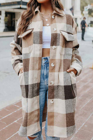 Plaid Button Up Dropped Shoulder Coat Divacious