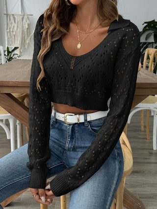 Openwork Collared Neck Long Sleeve Knit Top Divacious