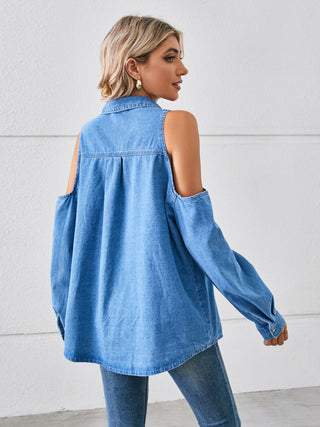 Cold Shoulder Pocketed Button Up Denim Jacket Divacious