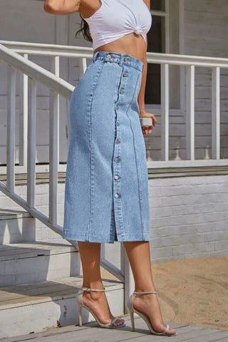 Buttoned Split Denim Skirt Divacious