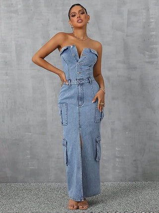 Slit Half Button Tube Denim Dress - Divacious