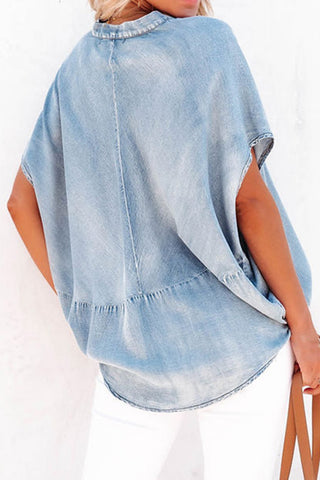 Notched Short Sleeve Denim Top Divacious