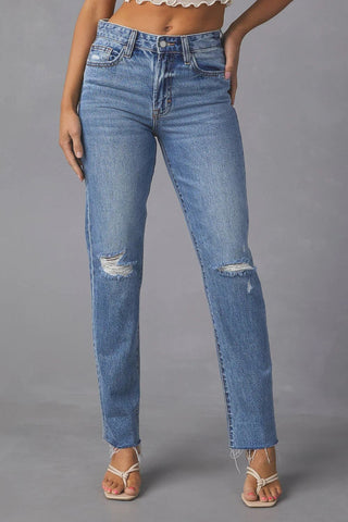 Distressed Raw Hem Straight Jeans with Pockets Divacious