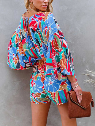 Tied Printed Kimono Sleeve Romper Divacious