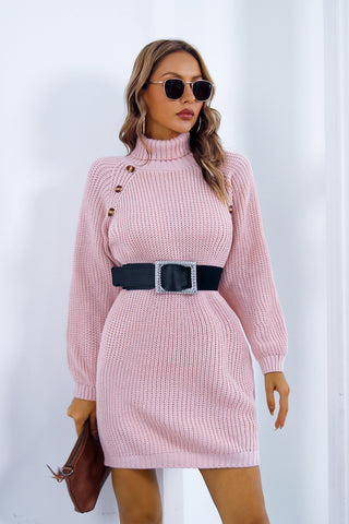 Buttoned Turtleneck Long Sleeve Sweater Dress Divacious