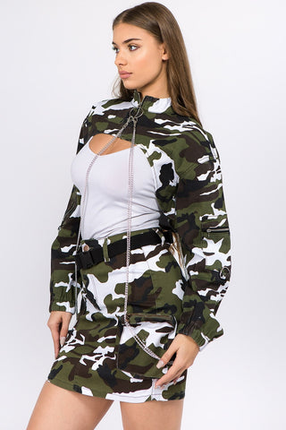 American Bazi Camouflage Cropped Jacket with Chains Trendsi